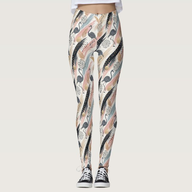 Stiliserat Flamingo och Brushstroke Mönster Leggings (Framsida)