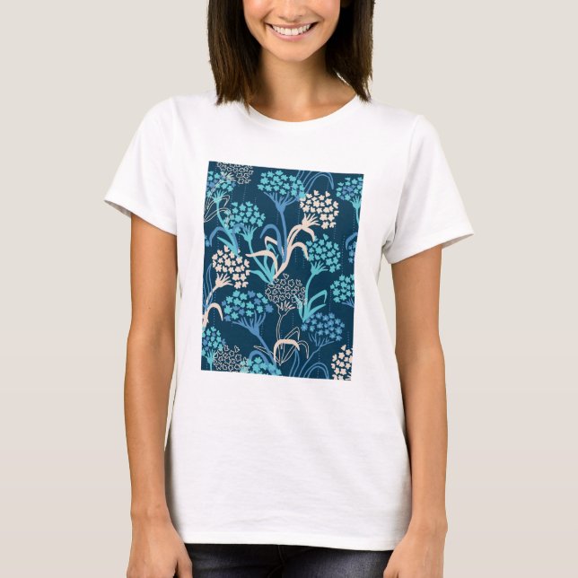 Stiliserat Hydrangea-Blommönster - Elegant Blue T Shirt (Framsida)