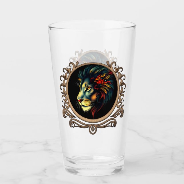 Stiliserat Lejont huvud Porträtt i Mandala Ram Glaskopp (Framsida)
