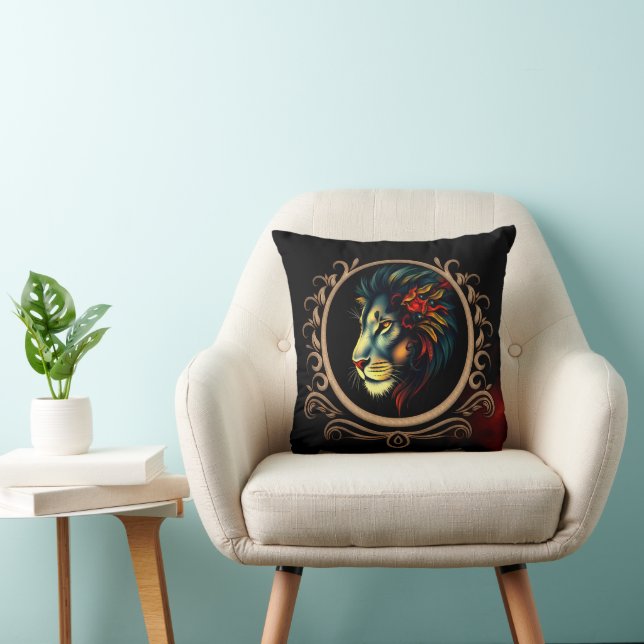 Stiliserat Lejont huvud Porträtt i Mandala Ram Kudde (Stol)