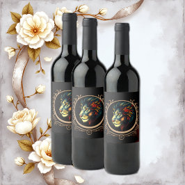 Stiliserat Lejont huvud Porträtt i Mandala Ram Vinflaska Etikett