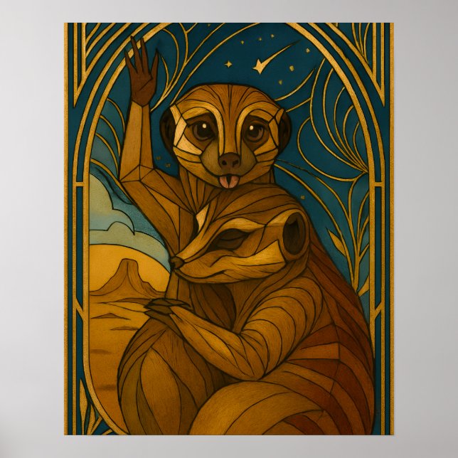 Stiliserat Meerkat-par under Starry Himmel Poster (Framsidan)