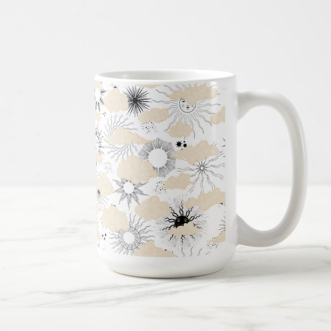Stiliserat sol överskuggar texturerade med moln kaffemugg (Höger)