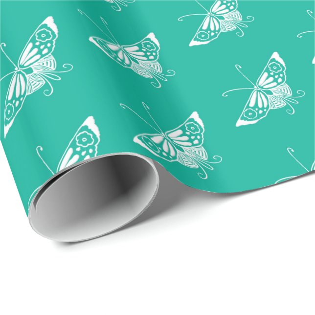Stilized Deco butterfly - turkos Presentpapper (Rullad Hörn)