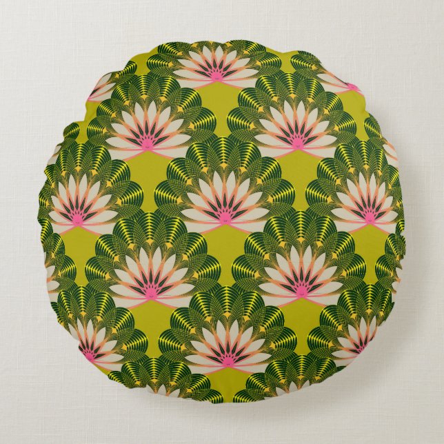Stilized lotus tapet: rosa, grönt. rund kudde (Framsidan)