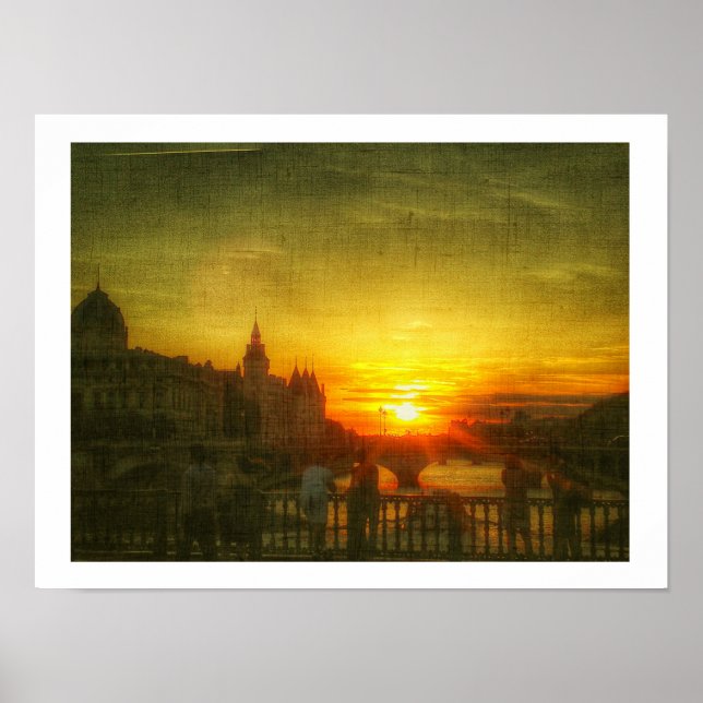 Stilized Paris Sunset Seine Bridge Frankrike Poste Poster (Framsidan)