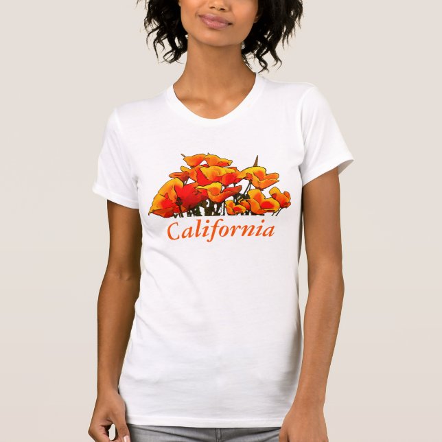 Stilized Poppy Art, "California" text T-Shirt (Framsida)