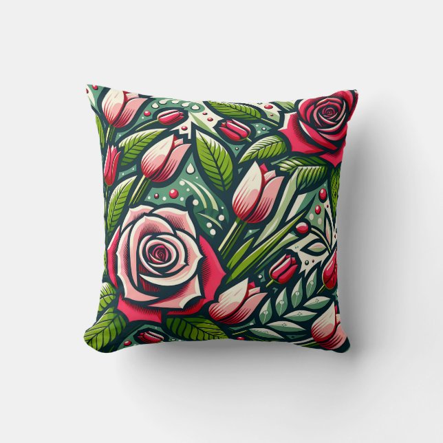 "Stilized Röd ros with Dewdrops" Kudde (Framsida)