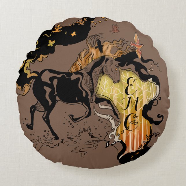 Stilized Silhouette Monogram Horse Rund Kudde (Framsidan)