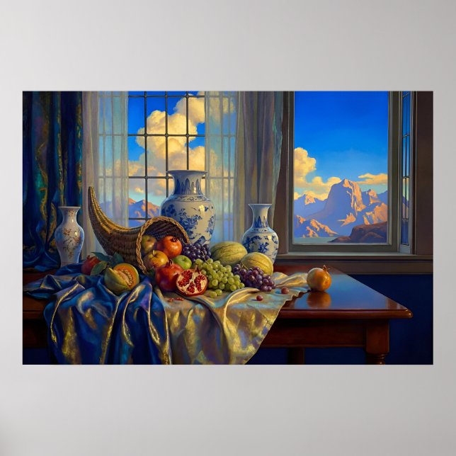 Still Life with Blue Window and Distant Peaks Poster (Framsidan)