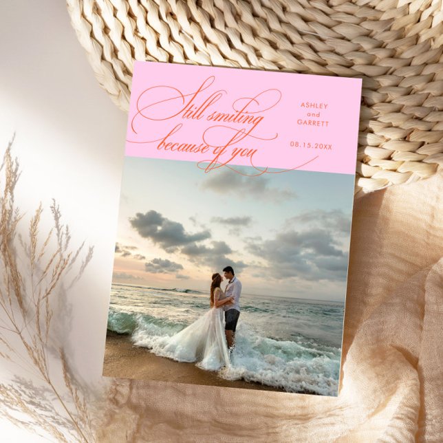 Still Smiling Elegant Wedding Photo Orange Pink Tack Kort (Skapare uppladdad)