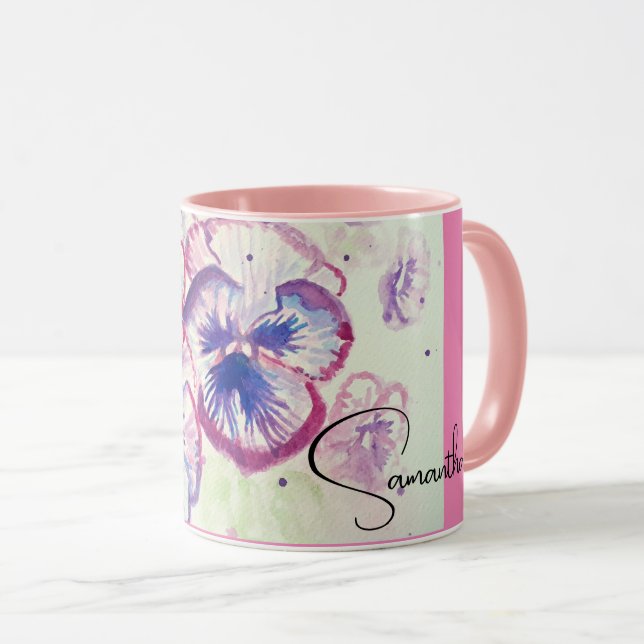 Stilla penséer Lila akvarell blomma blomster rosa Mugg (Framsida höger)