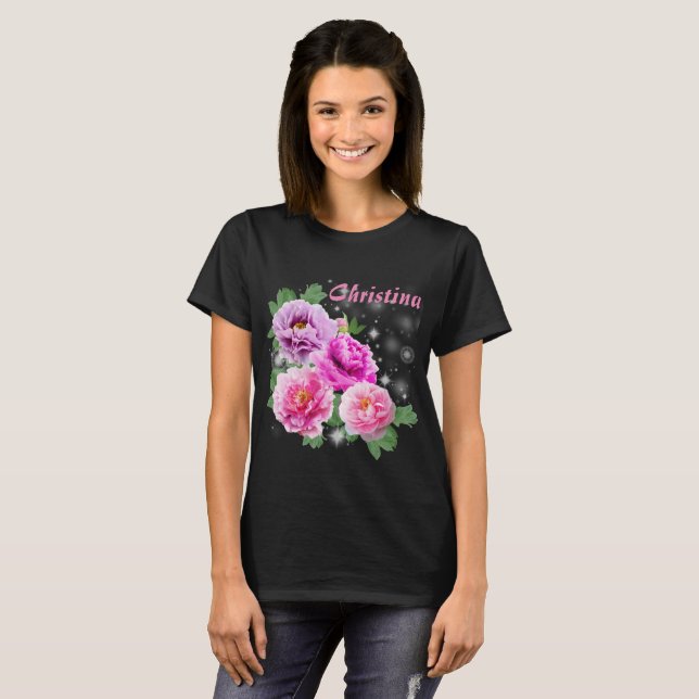 Stilla rosa purpurfärgade pioner för blommor med tee shirt (Hel framsida)