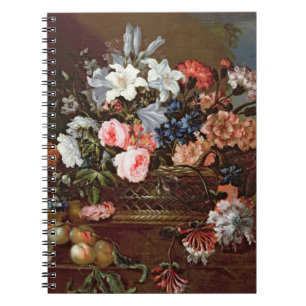 Stilleben av blommor i en basket anteckningsbok med spiral