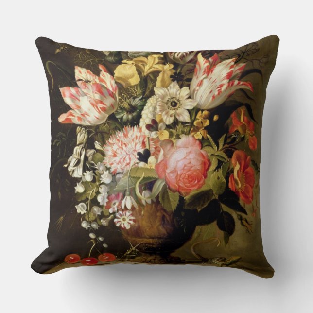 Stilleben av blommor i en vas med en ödla på a kudde (Framsida)