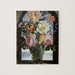 Stilleben av blommor i ett dricka exponeringsglas pussel