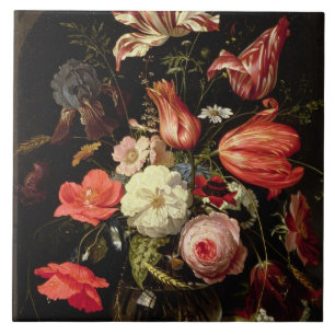 Stilleben av blommor på en avsats kakelplatta