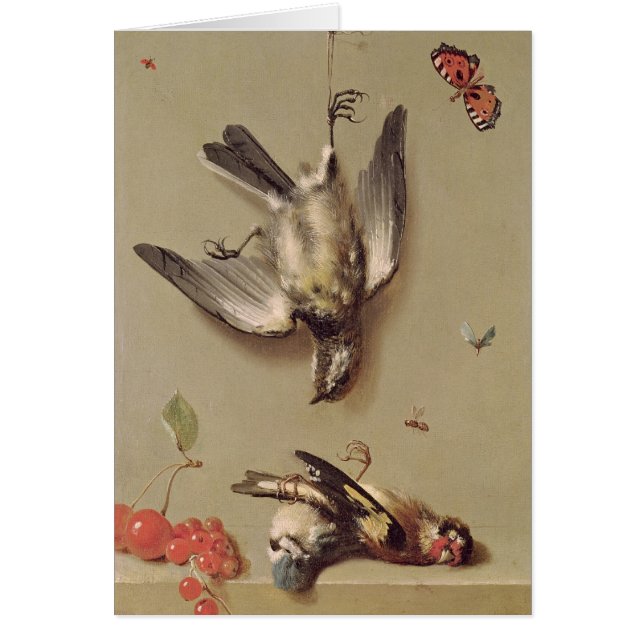 Stilleben av döda fåglar och körsbär, 1712 hälsningskort (Framsidan)