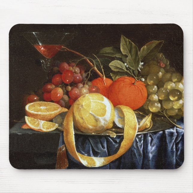 Stilleben av druvor, orangar och en skalad citron musmatta (Framsidan)