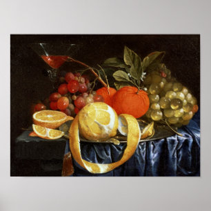 Stilleben av druvor, orangar och en skalad citron poster