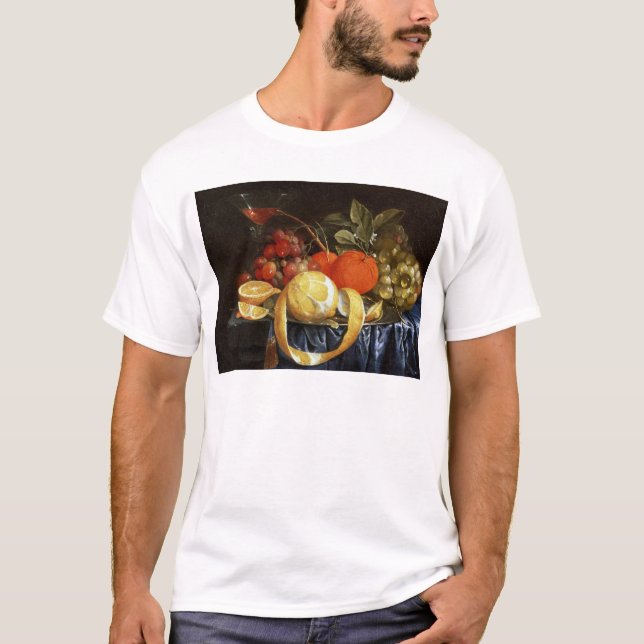 Stilleben av druvor, orangar och en skalad citron tee (Framsida)