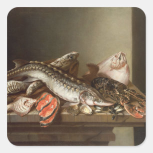 Stilleben av fisken på ett bord fyrkantigt klistermärke