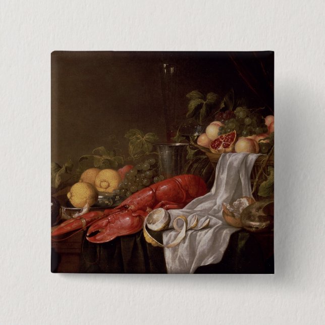 Stilleben av frukt och en hummer knapp (Framsida)