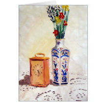 Stilleben blommor och klocka