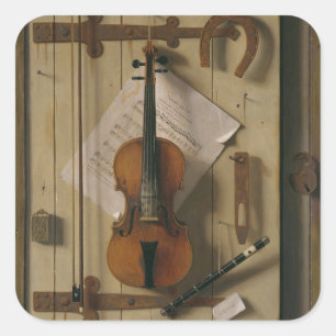 Stilleben, fiol och musik fyrkantigt klistermärke
