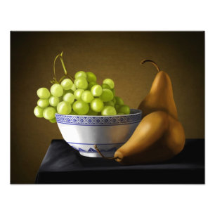 Stilleben för pears- och druvafruktbunke fototryck