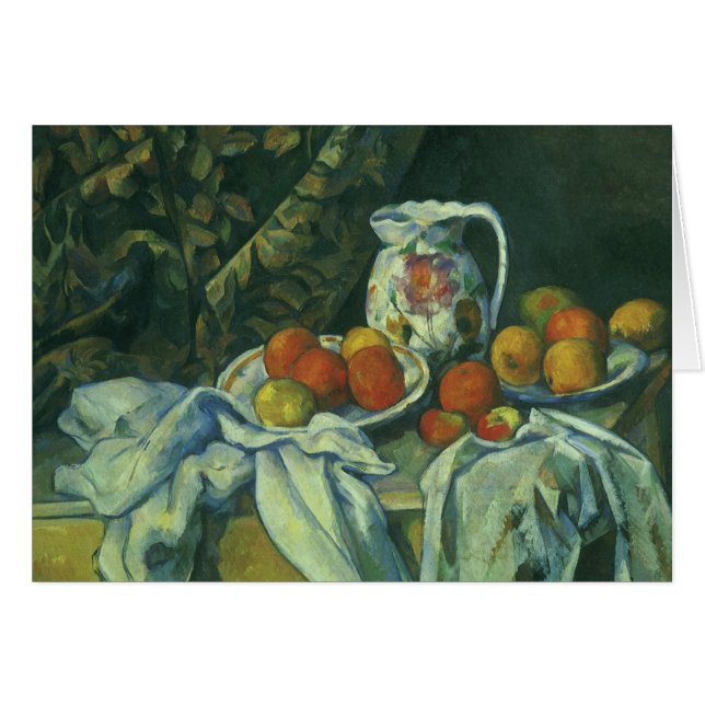 Stilleben, gardin och kanna av Paul Cezanne Hälsningskort (Framsidan Horizontal)