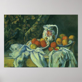 Stilleben, gardin och kanna av Paul Cezanne Poster