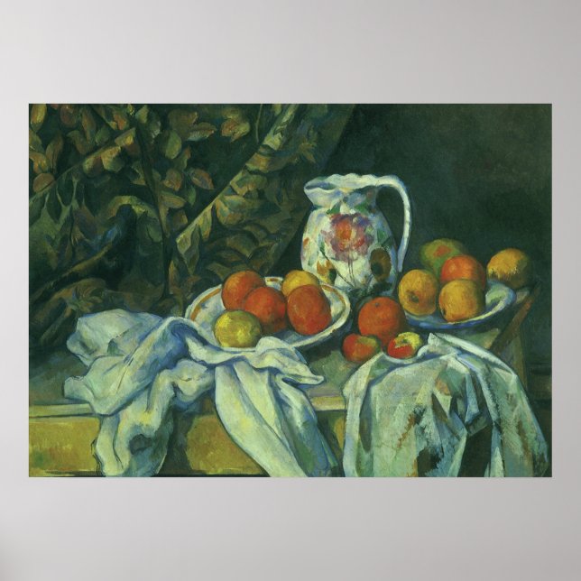Stilleben, gardin och kanna av Paul Cezanne Poster (Framsidan)