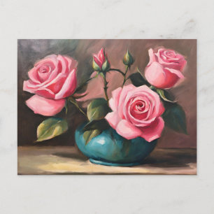 Stilleben-illustration med rosa rosor i blå vas vykort
