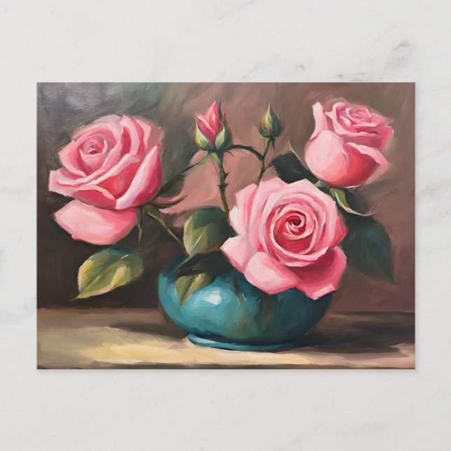 Stilleben-illustration med rosa rosor i blå vas  vykort (Framsida)