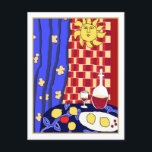 Stilleben La Dolce Vita Blå Röd Vin Citroner Vykort<br><div class="desc">Modern och dekorativ digital konst i uttrycksfulla och djärva färger av ett interiör med ett bord täckt med blå duk med botaniskt mönster, blå gardiner med blomster mönster, röd rutig vägg med ett sol ornament. En tallrik med några citroner, vindruvor och äpplen utspridda på bordet, en flaska och ett glas...</div>