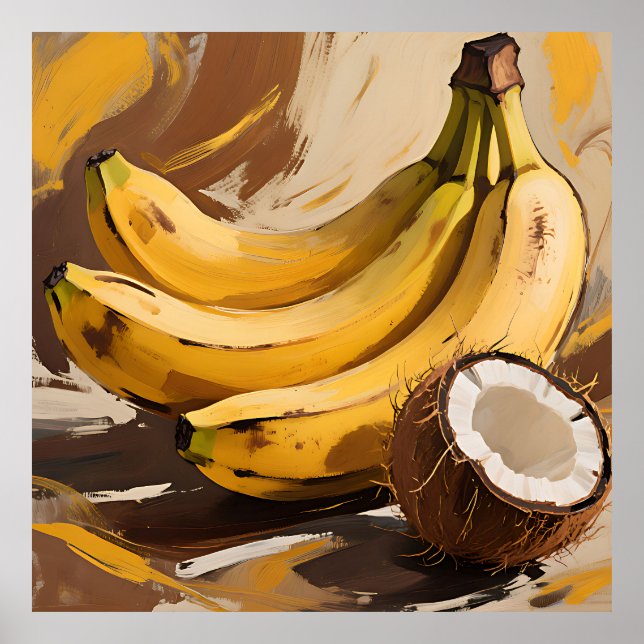 Stilleben med bananer och kokosnöt poster (Framsidan)