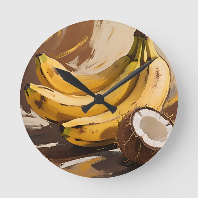 Stilleben med bananer och kokosnöt rund klocka (Framsida)