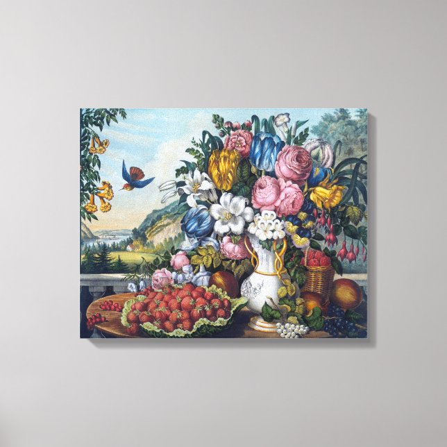 Stilleben med blommor fågel frukt canvastryck (Framsida)