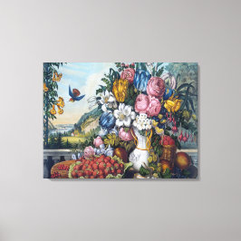 Stilleben med blommor fågel frukt canvastryck