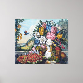 Stilleben med blommor fågel frukt canvastryck