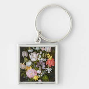 Stilleben med blommor fyrkantig silverfärgad nyckelring