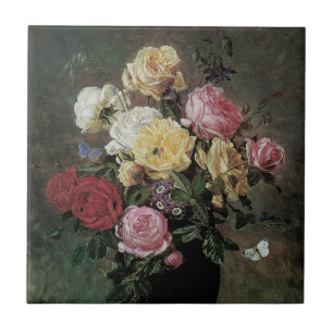 Stilleben med blommor i vas av Olaf Hermansen Kakelplatta