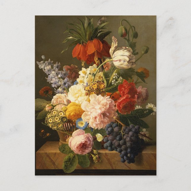 Stilleben med blommor och frukt, 1827 vykort (Framsida)