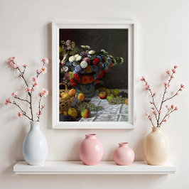 Stilleben med blommor och frukt av Claude Monet Poster