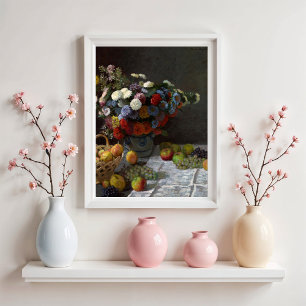Stilleben med blommor och frukt av Claude Monet Poster