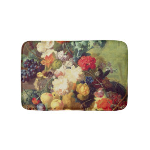 Stilleben med blommor och frukt badrumsmatta