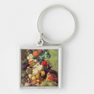 Stilleben med blommor och frukt fyrkantig silverfärgad nyckelring