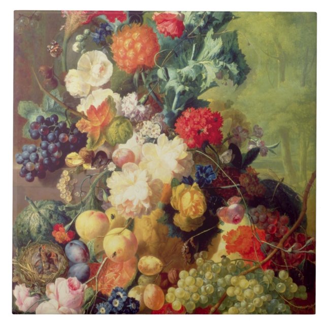 Stilleben med blommor och frukt kakelplatta (Framsidan)