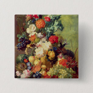 Stilleben med blommor och frukt knapp